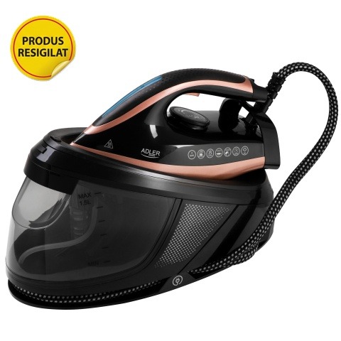 Resigilat - Statie de Calcat cu Abur Adler AD 5047 Rezervor Apa 1.5L Presiune 8Bar Talpa Ceramica Mod ECO Putere Max 3100W Negru/Auriu