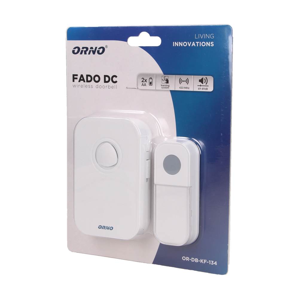 Sonerie wireless FADO DC ORNO OR-DB-KF-134, alimentare cu baterii, IP44, 100 m, 36 sonerii, control volum, alb