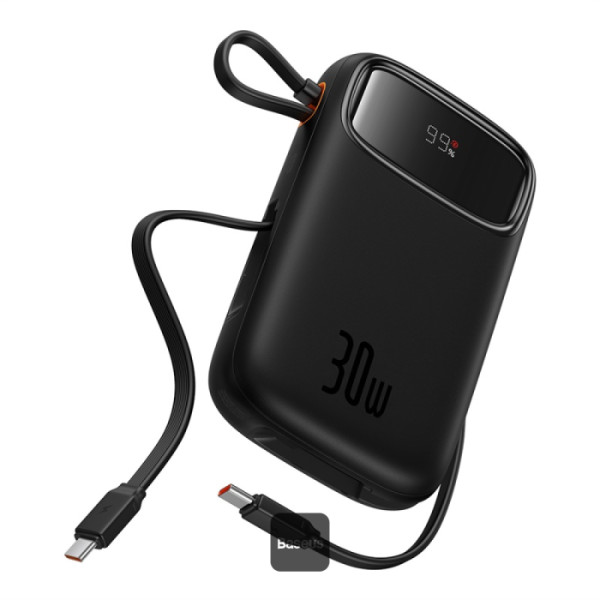 Baterie externa portabila Baseus Qpow 2, 10000 mAh, 30W, Cablu USB-C integrat, Negru