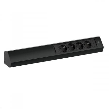 Priza pentru mobilier Bachmann CASIA 2, 4 prize Schuko tip F, 16 A, IP20, din aluminiu, montare pe verticala sau orizontala, efect anti-amprenta, lungime cablu 2 m, H05VV-F 3G1, 5mm², Design Modern, ideala pentru birou, camera de zi, bucatarie, neagra