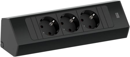 Priza pentru mobilier Bachmann CASIA 2, 3 prize Schuko tip F, 16 A, IP20, din aluminiu, montare pe verticala sau orizontala, efect anti-amprenta, lungime cablu 2 m, H05VV-F 3G1, 5mm², Design Modern, ideala pentru birou, camera de zi, bucatarie, neagra