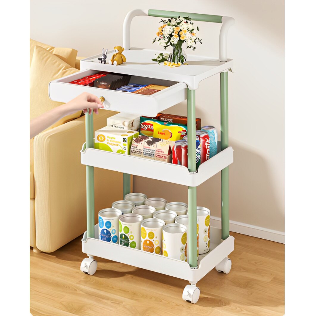 Suport cu 3 rafturi, un sertar si roti, din plastic, Neirini, Alb/Verde, 36.5 x 28 x 74.5 cm