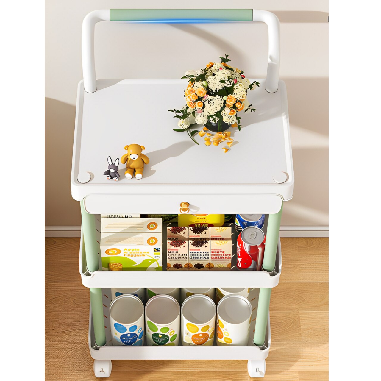 Suport cu 3 rafturi, un sertar si roti, din plastic, Neirini, Alb/Verde, 36.5 x 28 x 74.5 cm