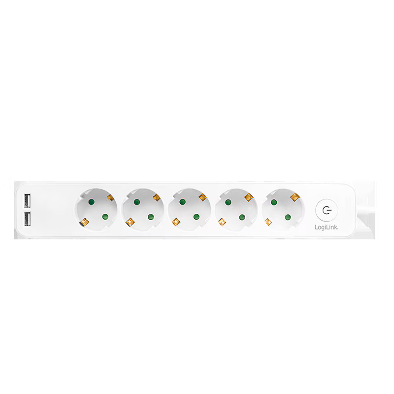 Prelungitor LogiLink LPS249U, cu intrerupator iluminat, 5 prize, 2xUSB 5 V/2.1 A 10.5 W, IP20, H05VV-F 3G 1.5 mm², cordon 1.5m, Alb