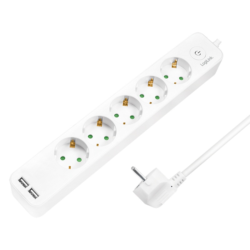 Prelungitor LogiLink LPS249U, cu intrerupator iluminat, 5 prize, 2xUSB 5 V/2.1 A 10.5 W, IP20, H05VV-F 3G 1.5 mm², cordon 1.5m, Alb