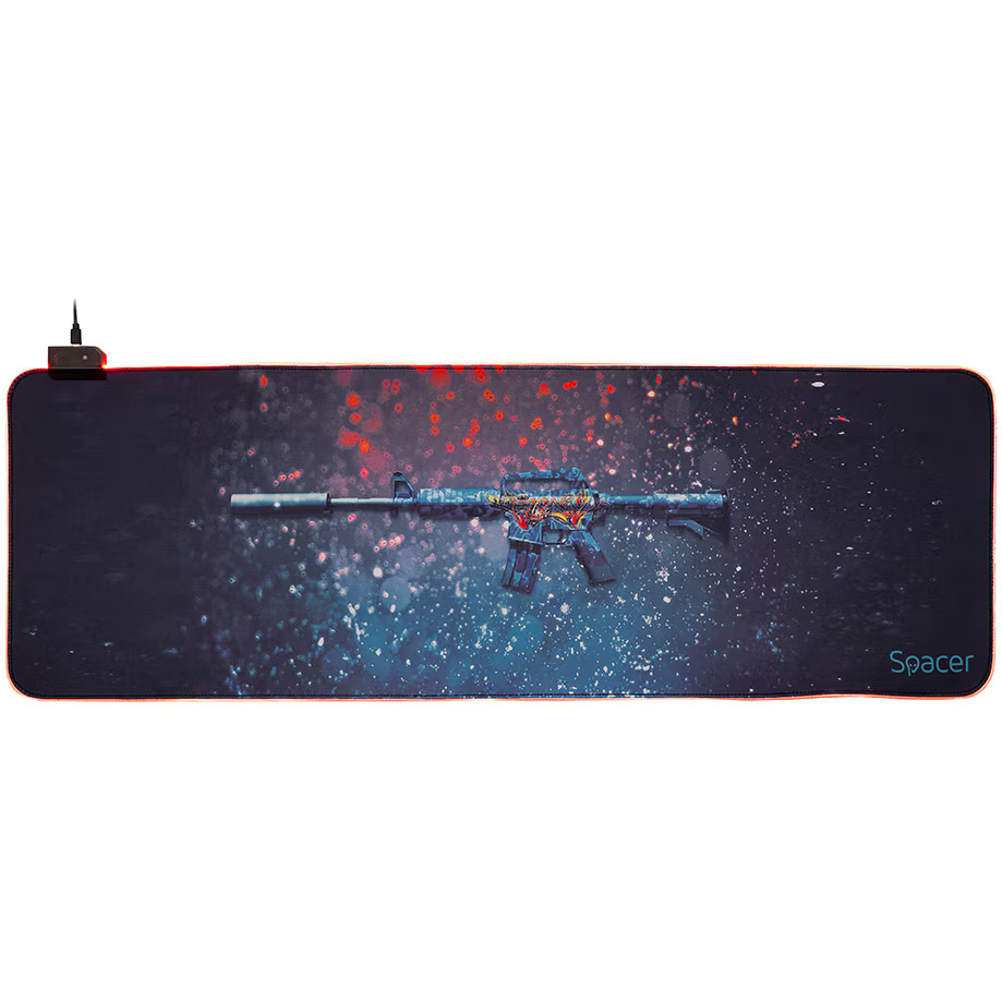 Mousepad gaming RGB, Spacer, cauciuc si material textil, 900 x 300 x 3 mm, 1.8 m lungime Cablu