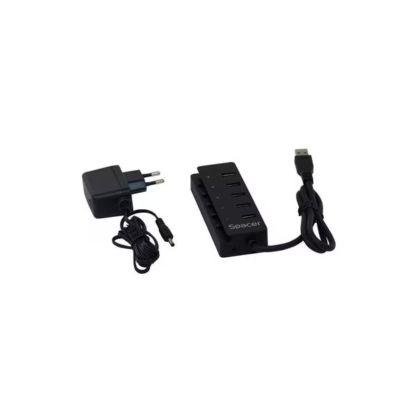 HUB USB SPACER SPH-4USB30-1QC, 4 porturi USB 3.0, Quick Charge, negru