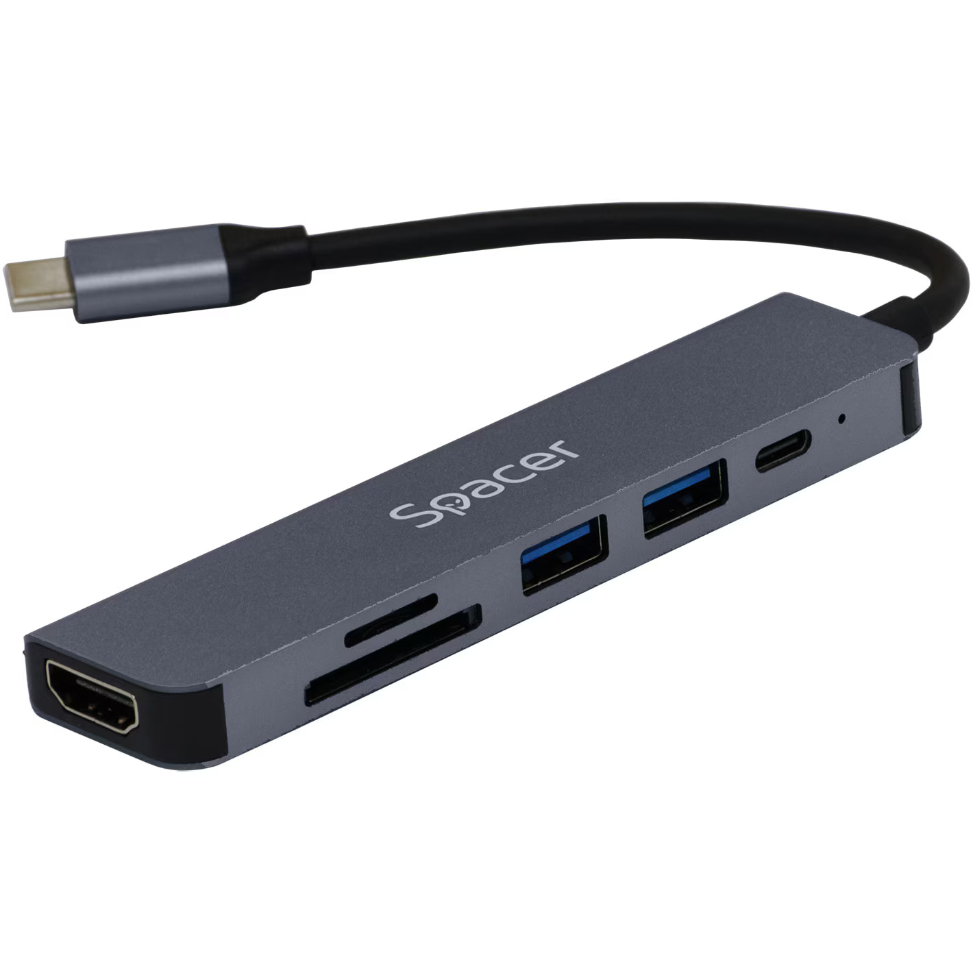 Docking station universal 6 in 1, Spacer , conectare Type-C, USB 3.0 x 2 |PD 3.0 x 1 (87W), porturi video HDMI x 1, 4K (30Hz),SD card x 1, TF (MicroSD card) x 1, aluminiu, gri