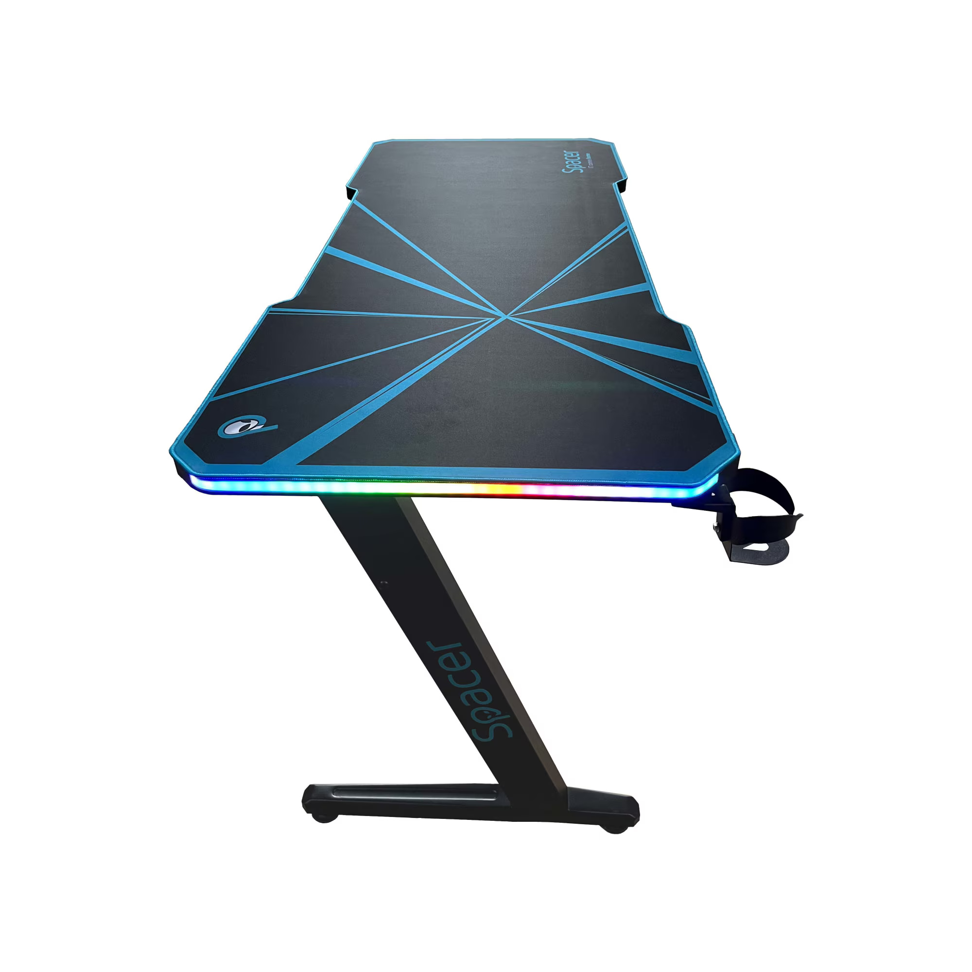 Birou gaming Spacer, 140 x 60 cm, blat MDF invelit in textura de fibra de carbon, picioare reglabile, RGB, telecomanda wireless, mousepad pe toata suprafata
