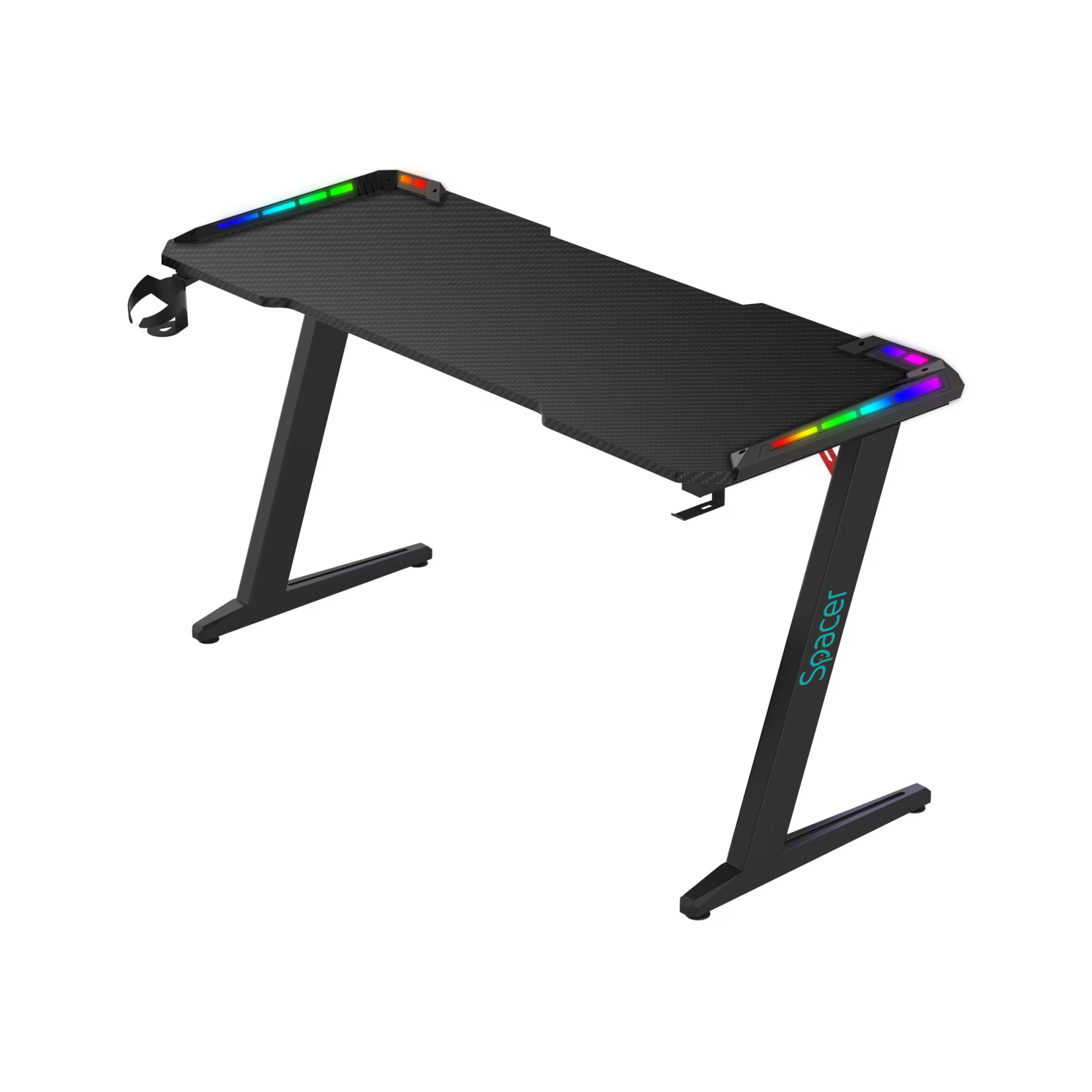 Birou gaming Spacer, 140 x 60 cm, invelit in textura de fibra de carbon, picioare reglabile, RGB