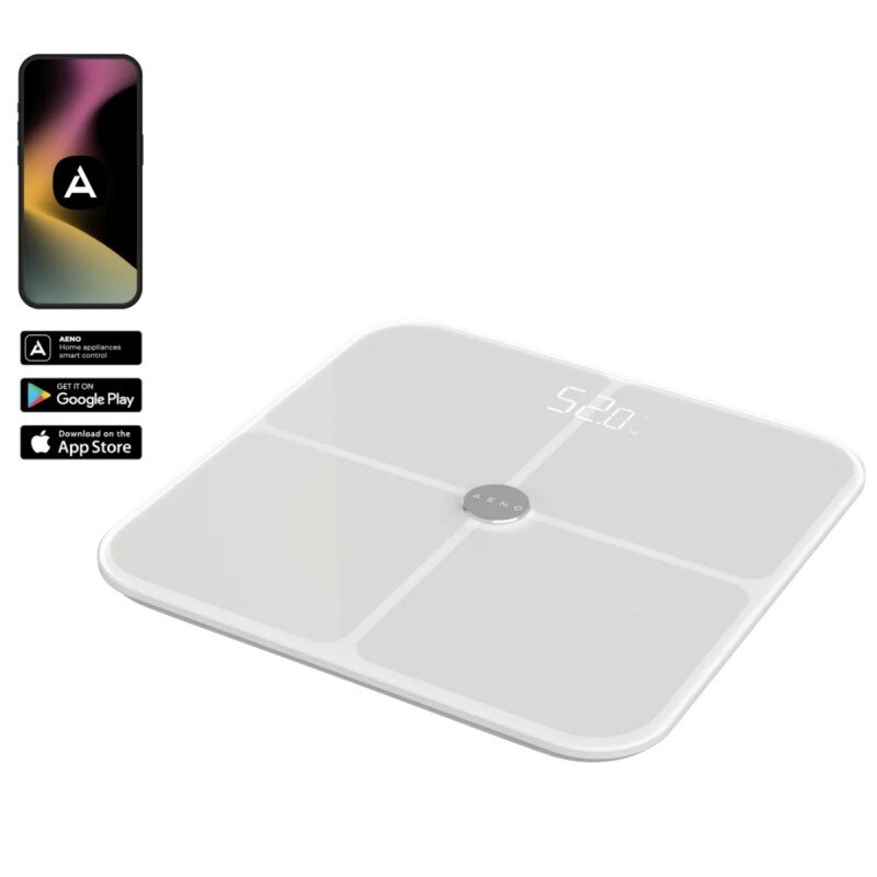 Cantar inteligent AENO ABS0001S, Pana la 180 kg, 11 profiluri, 15 indicatori, IMC, LED, Sticla ITO, Alb