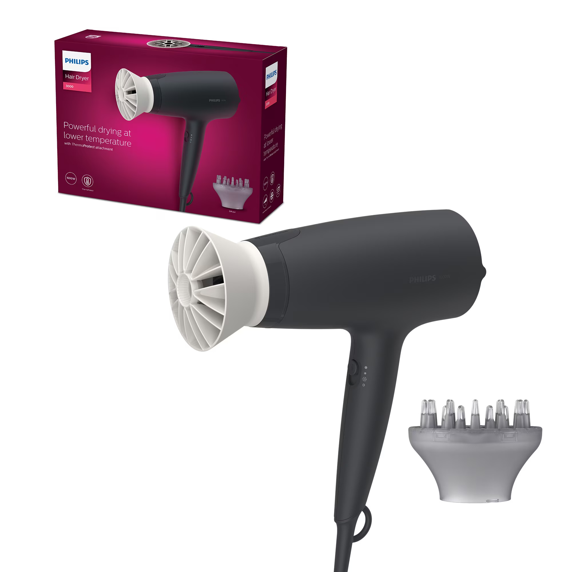 Uscator de par Philips BHD302/30, 1600W, accesoriu Thermo Protect, 3 setari de temperatura, difuzor, Negru