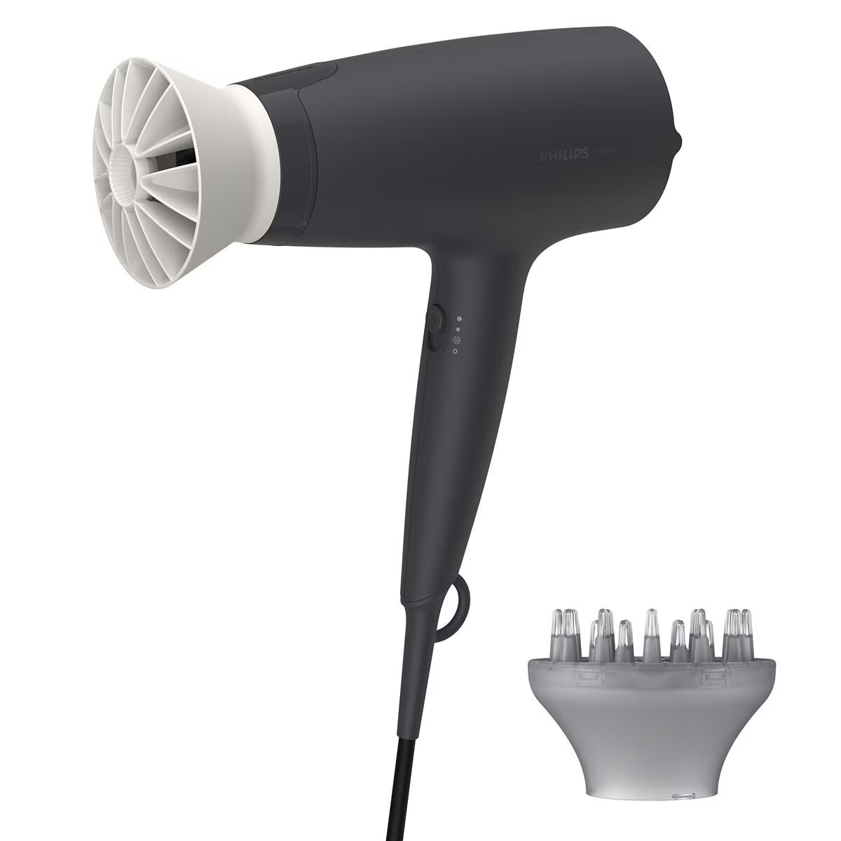Uscator de par Philips BHD302/30, 1600W, accesoriu Thermo Protect, 3 setari de temperatura, difuzor, Negru