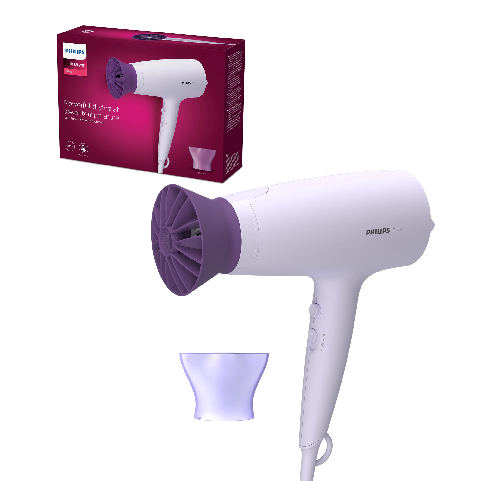 Uscator de par Philips BHD341/10, 2100W, accesoriu Thermo Protect, 3 trepte de temperatura, 2 trepte de viteza, cap de coafare 14 mm, Lila