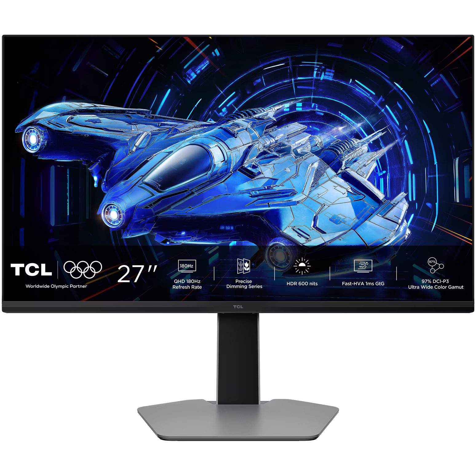 Monitor Gaming QD-Mini LED TCL 27G64, 27", QHD (2560x1440), 180Hz, 1ms GTG, AMD FreeSync™ Premium, G-Sync™ Compatible, HDR600, 2x HDMI, Display Port, Jack, Pivot, negru/gri