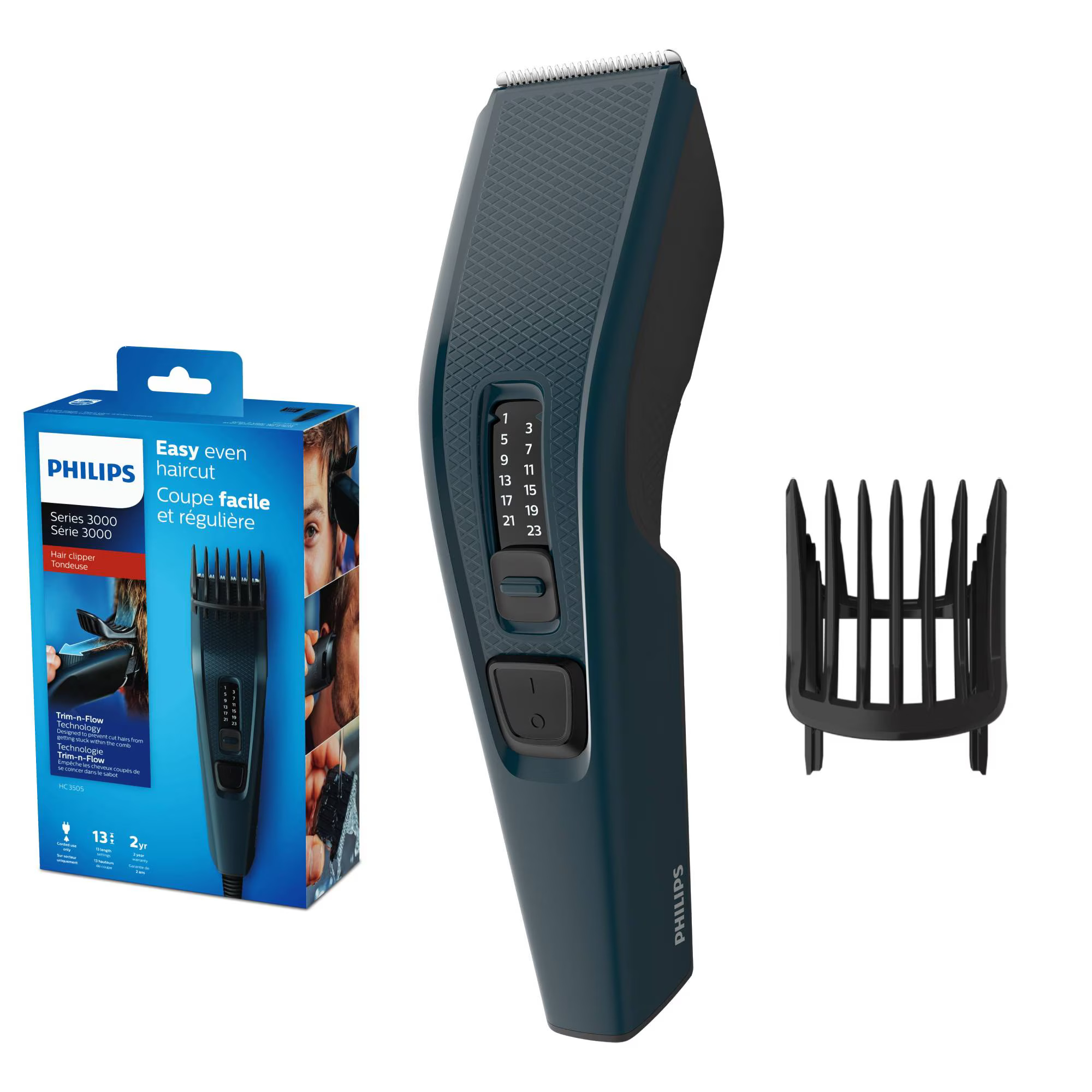 Aparat de tuns PHILIPS Seria 3000 HC3505/15, 13 setari de lungime, utilizare cu fir, lame din otel inoxidabil, Albastru
