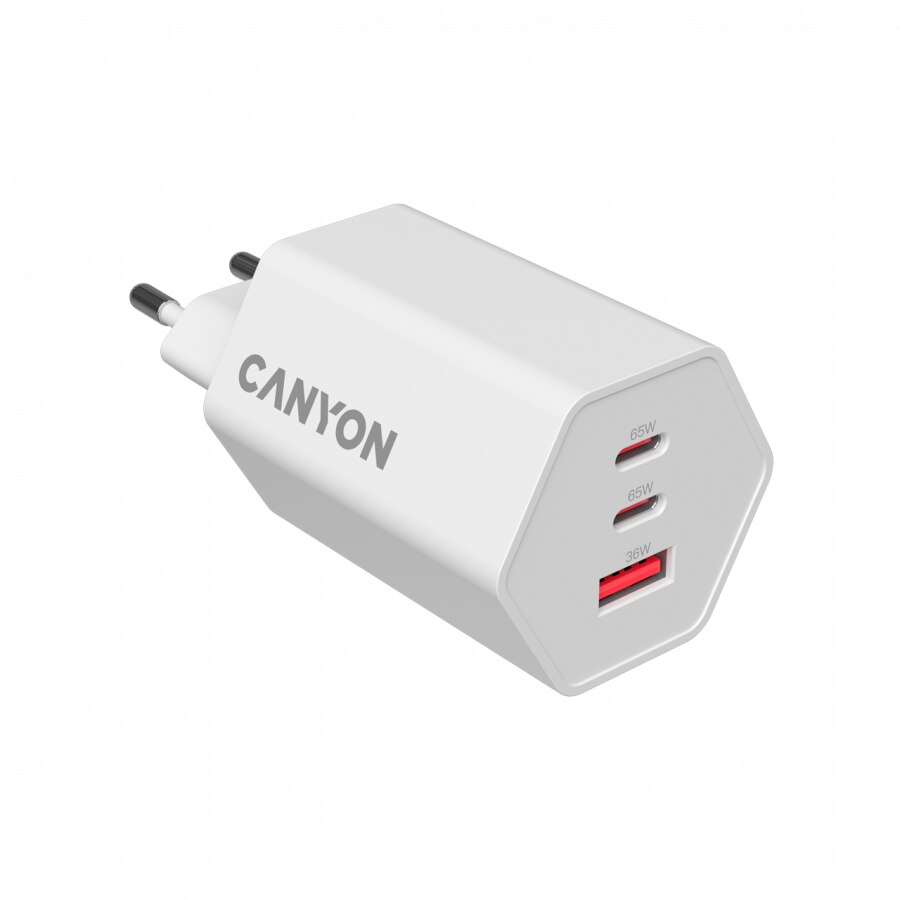 Incarcator retea CANYON CND-CHAHEX65W, 65 W, 2x USB Type-C, USB-A Alb