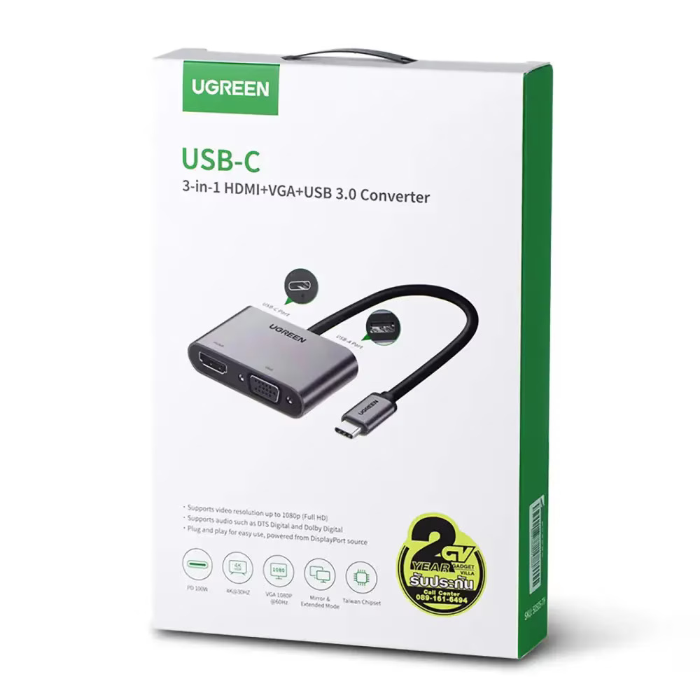 Adaptor video UGREEN CM162 USB-C tata - VGA/HDMI mama, 4K, 30Hz, 2 moduri, 100W, 25cm, Silver
