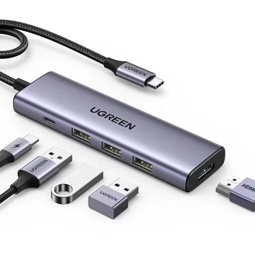 Docking station Ugreen, „CM498” conec PC USB Type-C, USB 3.2 x 2, HDMI 4Kx1 la 60Hz, USB-C x 2 PD 100W, aluminiu, gri