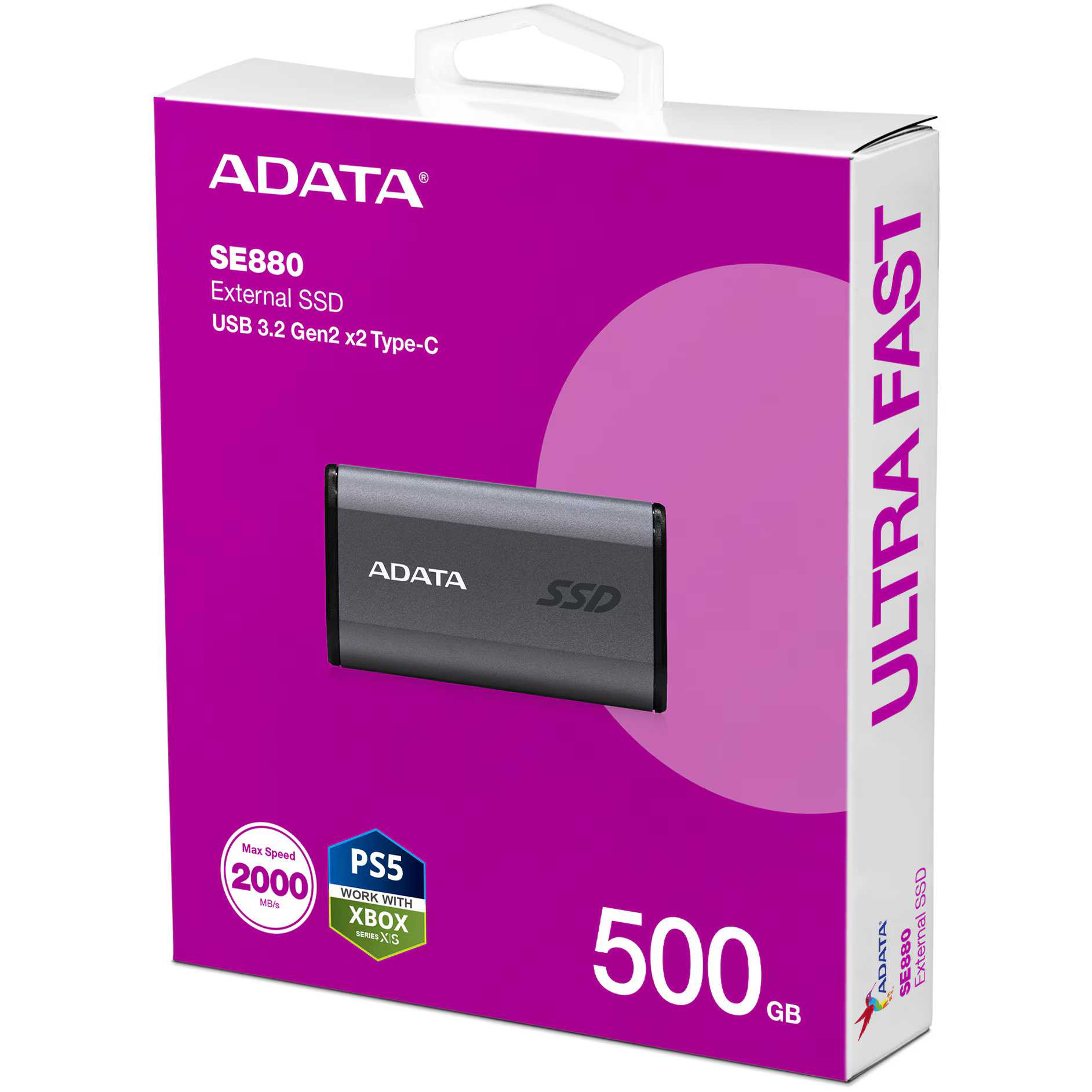 SSD extern ADATA SE880 RGB, 500GB, USB 3.2 Gen2 x2 Type-C, gri