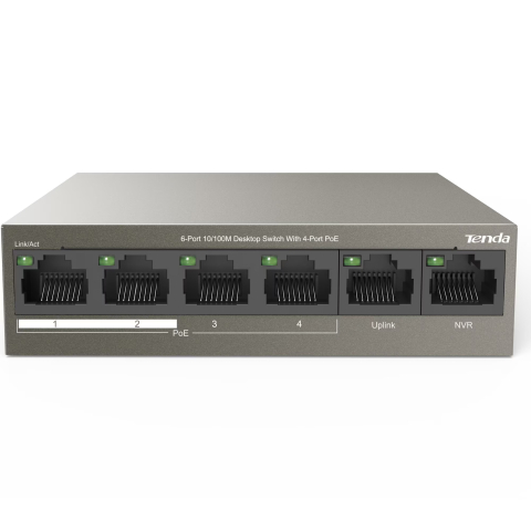 Switch desktop Tenda TEF1106P-4-63W cu 6 porturi 10/100Mbps, cu 4 porturi PoE, protectie fulger 6kV