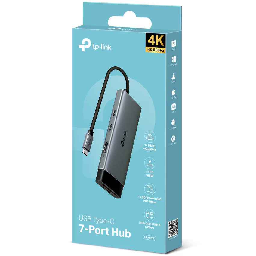 Hub USB Type-C TP-Link UHC, 7-in-1 , 1 x HDMI, 2 x USB 3.0, 1 x USB-C, cititor SD si micro SD, carcasa aluminiu