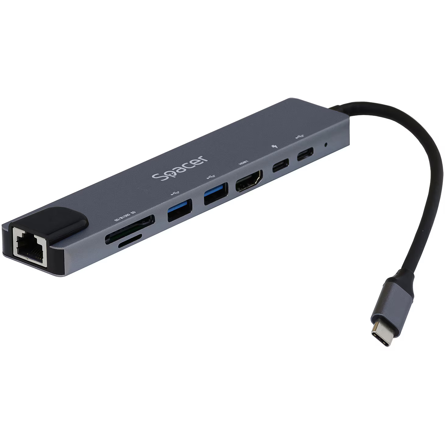 Docking station universal 8 in 1, Spacer, conectare Type-C, USB 3.0 x 2|USB Type C x 1|PD 87W x 1|HDMI x 1 4K (30Hz)|RJ-45 (1000MHz/s)| SD Cardx1| TF (MicroSD)x1, aluminiu, gri