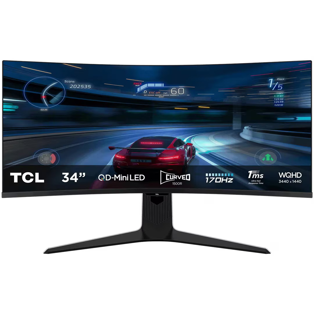 Monitor Gaming Curbat QD-Mini LED TCL 34R83Q, 34", UWQHD (3440x1440), 170Hz, 1ms, AMD FreeSync™ Premium, NVIDIA G-Sync™ Compatible, HDR1400,Ambient light, Pantone Validated, 1500R, Boxe 3W x2, KVM, USB Type-C 90W, Hub USB, 2x HDMI, Display Port, Pivot,alb