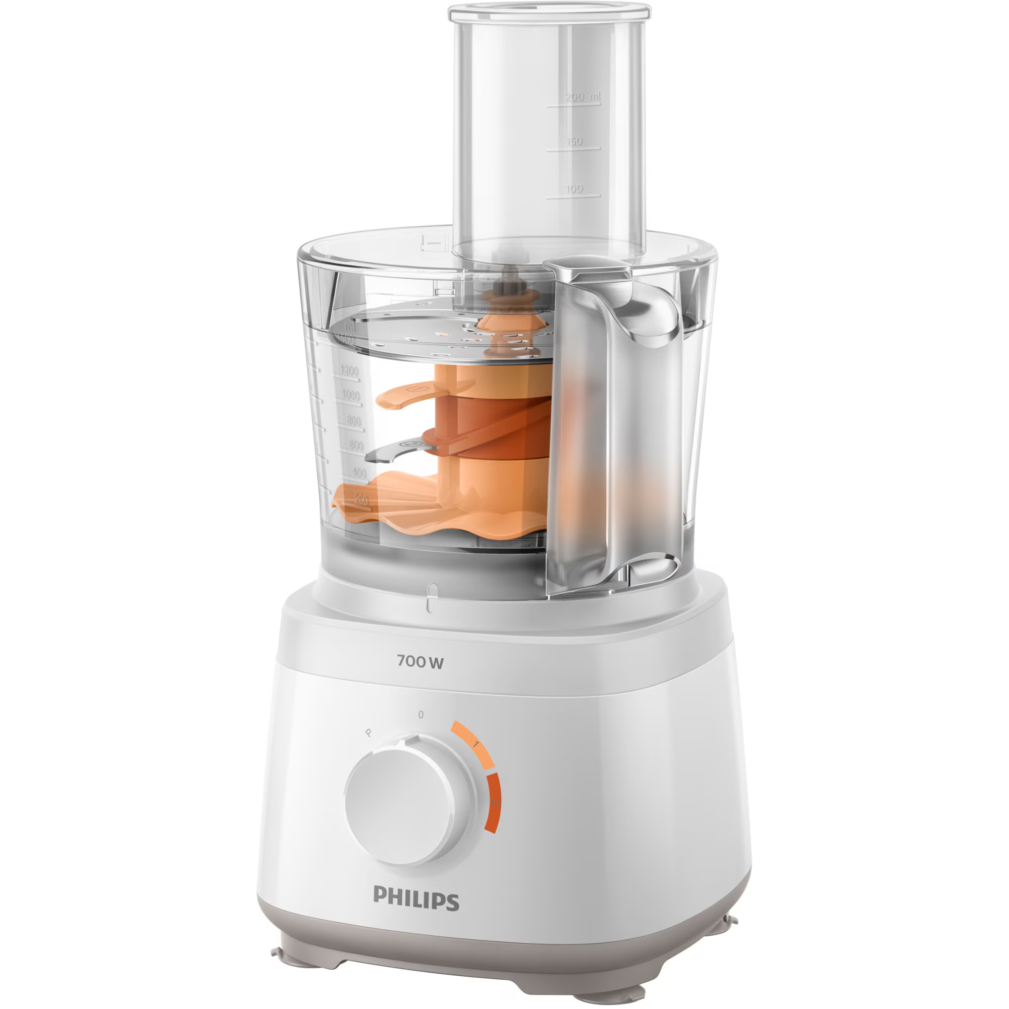 Robot de bucatarie Philips Daily Collection HR7320/00, 700 W, 2 viteze, bol 2.1 L, dispozitiv de emulsifiere, accesoriu de framantare, blender cu capacitate de 1 L, Alb
