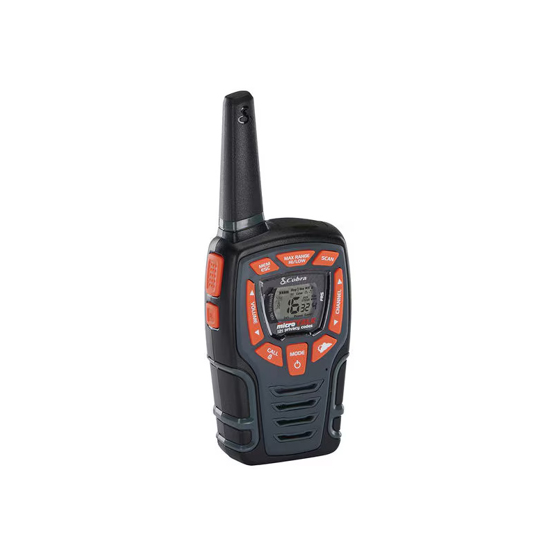 Set 2 statii walkie-talkie Cobra AM855 , raza pana la 10 km , 16 canale si 121 coduri private , design robust , rezistent la apa (IPX2) , lanterna LED , dock incarcare , 6 acumulatori