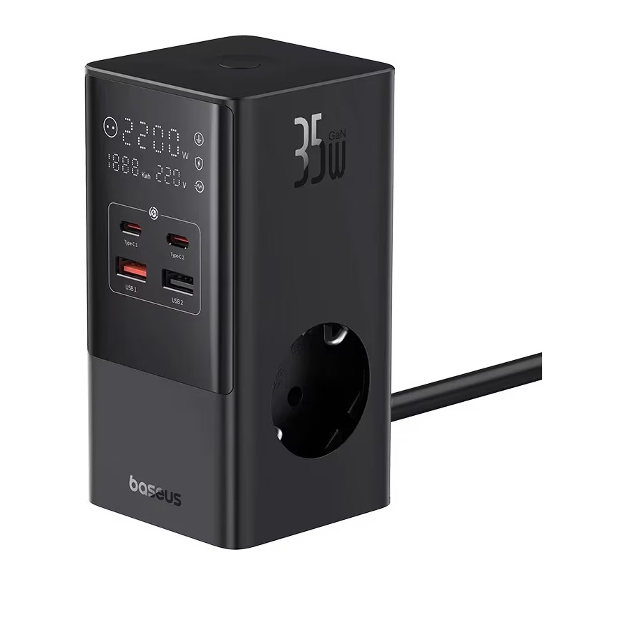 Incarcator de retea Baseus PowerCombo, cu prelungitor, 35W, 3x AC, 2x USB-C, 2x USB-A, 1.5m, Negru