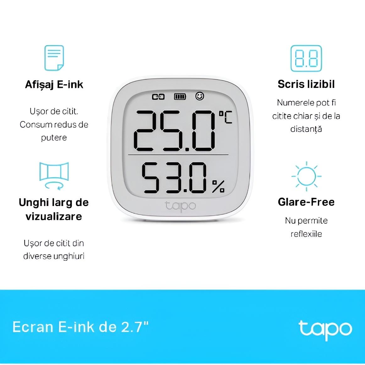 Termometru si higrometru inteligent TP-Link Tapo T315, Necesita Hub Tapo, Afisaj E-ink