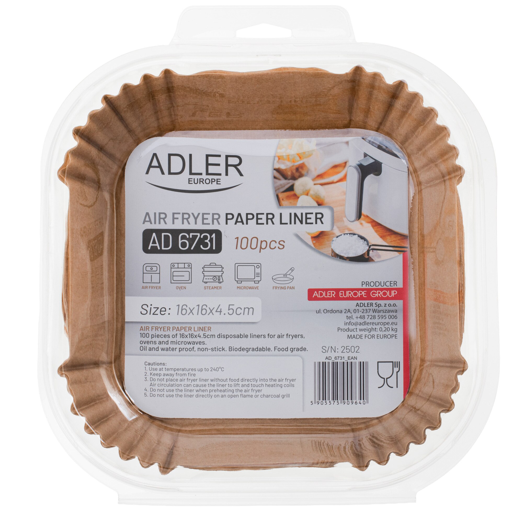 Hartie de copt pentru Air Fryer Adler AD 6731, rezistenta pana la 240 °C, biodegradabila, 16x16x4.5cm, 100 buc, Maro