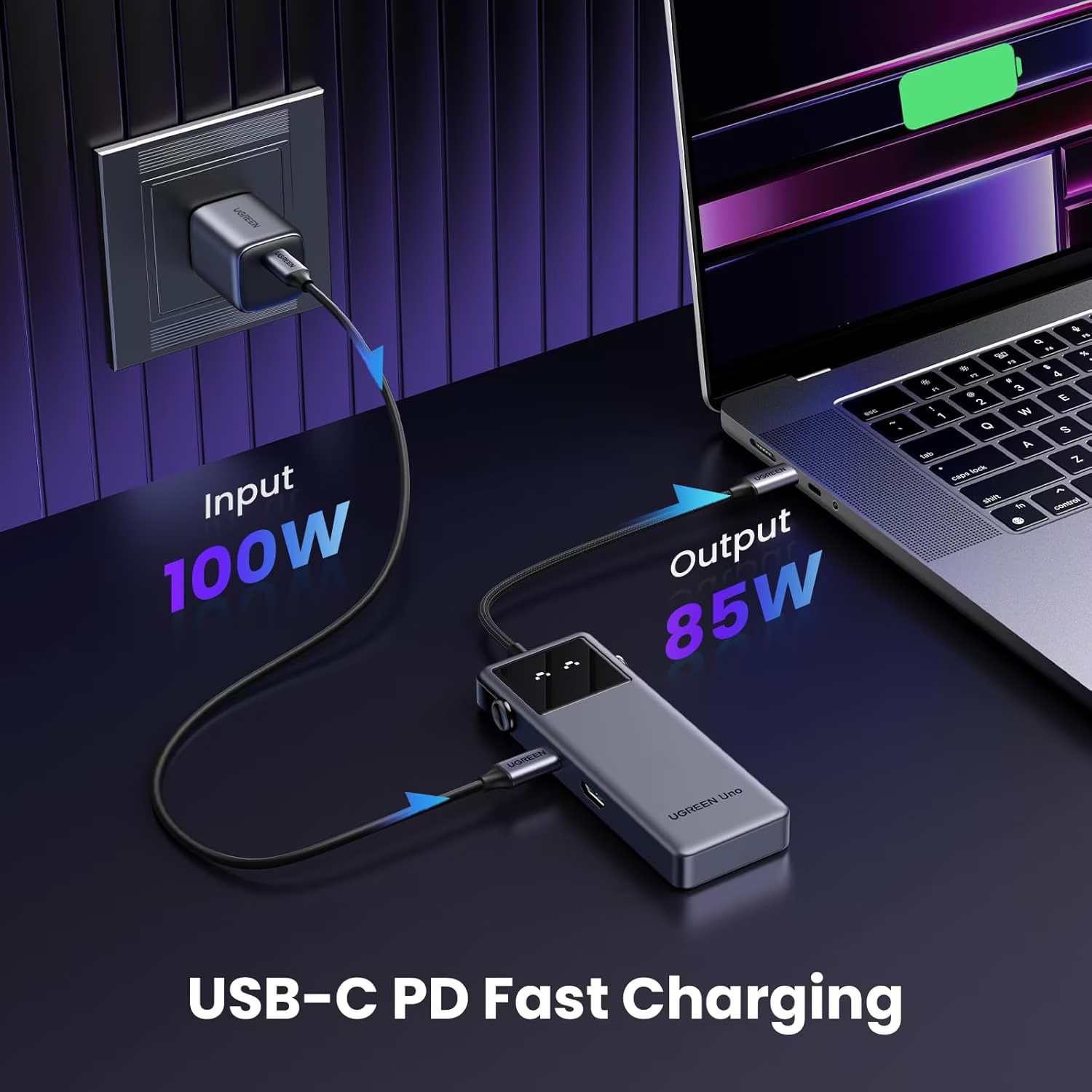 Hub USB-C UGREEN UNO, 10Gbps, HDMI 4K@60Hz, Afisaj LED Inteligent, 2xUSB-A, 2xUSB-C, PD 100 W, Compatibiliate Universala