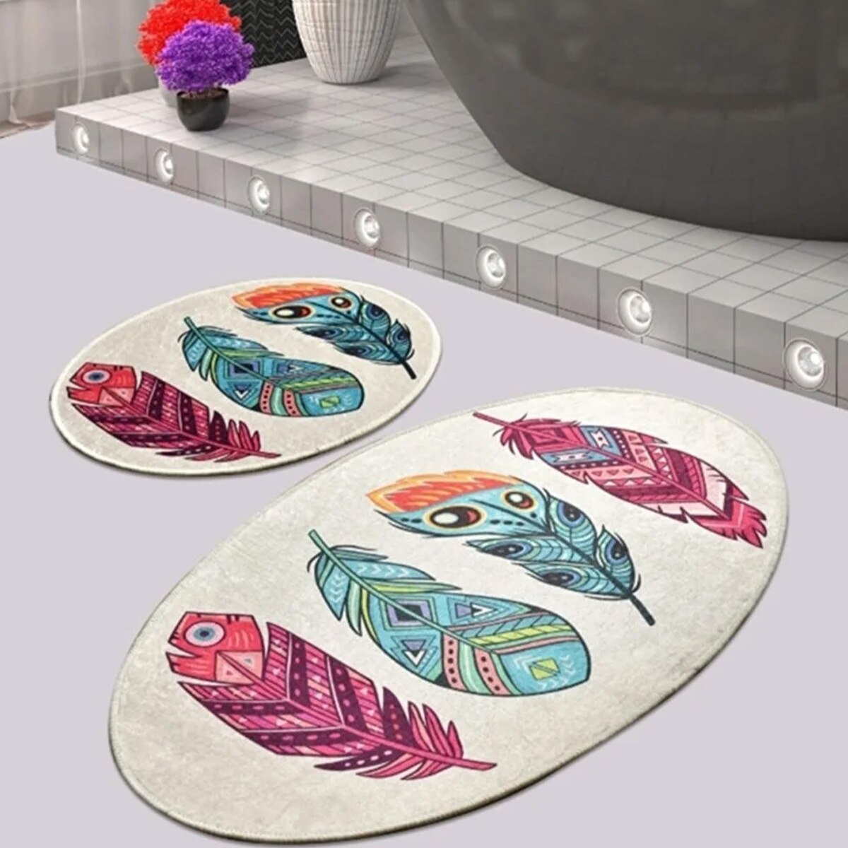 Set 2 Covorase baie Feather, 60 x 100 cm, 50 x 60 cm, Antiderapant, Multicolor