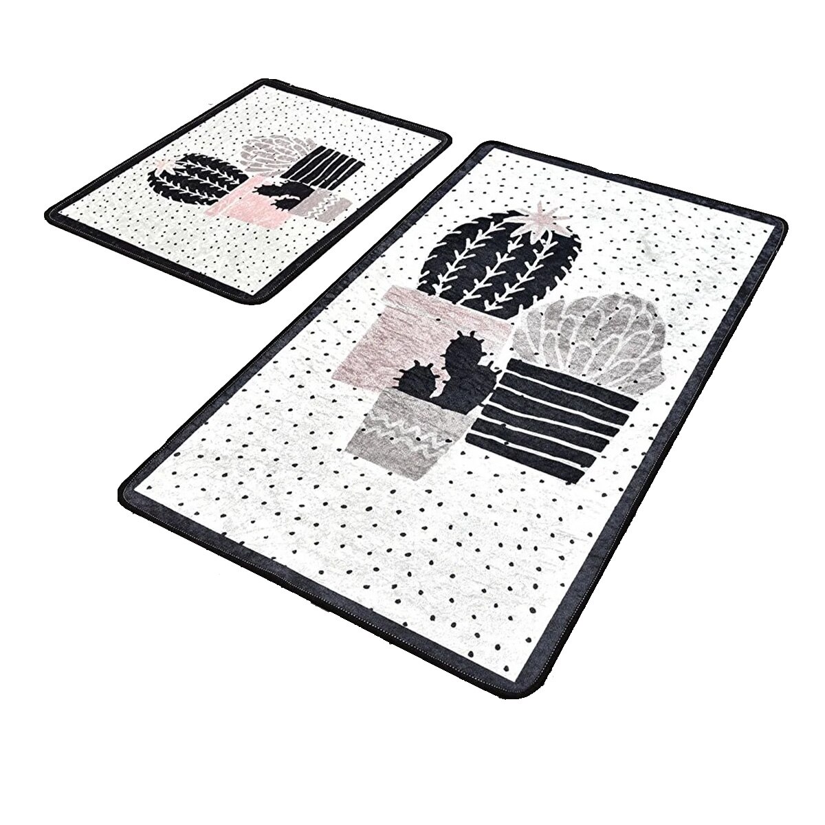 Set 2 Covorase baie Three Cactus, 60 x 100 cm, 50 x 60 cm, Antiderapant, Alb/Negru