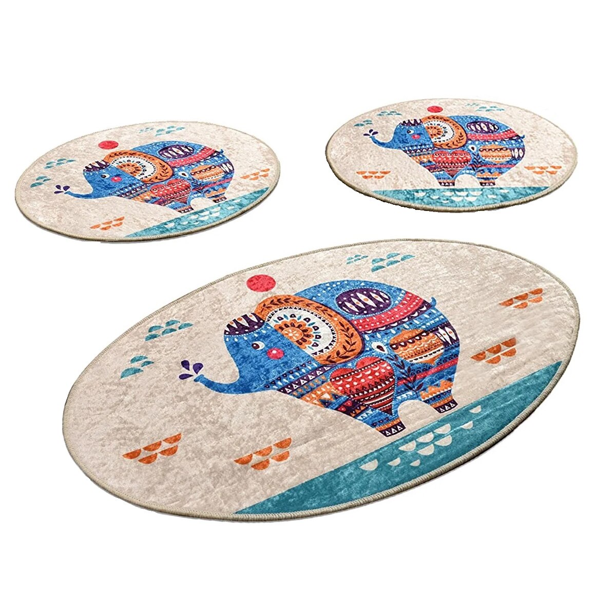 Set 3 Covorase baie Etnic Oval, 60 x 100 cm, 50 x 60 cm, Antiderapant, Multicolor