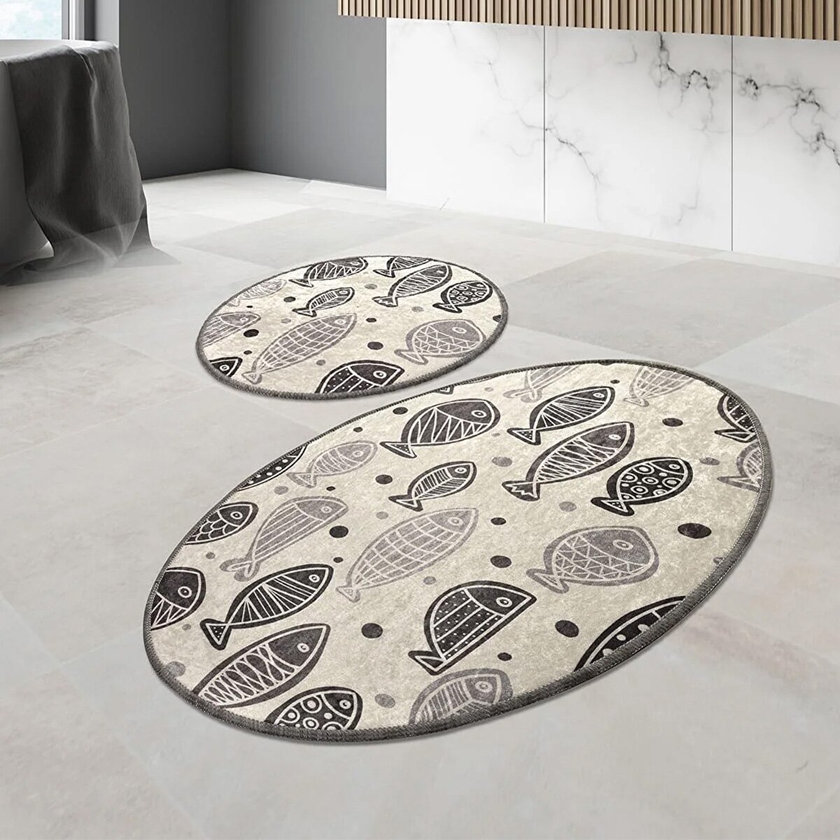 Set 2 Covorase baie Fish White, 60 x 100 cm, 50 x 60 cm, Antiderapant, Alb