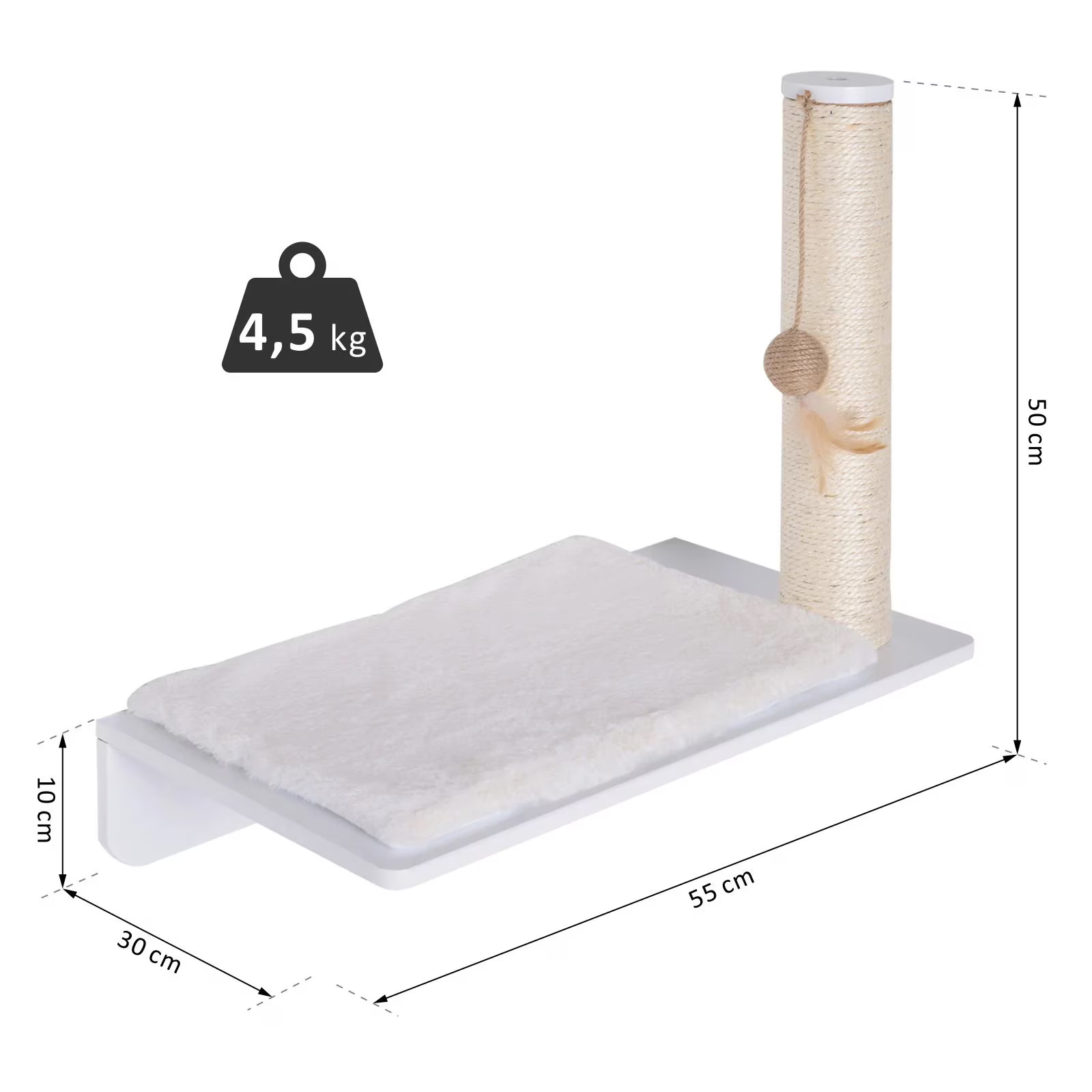 Culcus pisici, Raft cu stalp de sisal, Alb, 55 x 30 x 50 cm