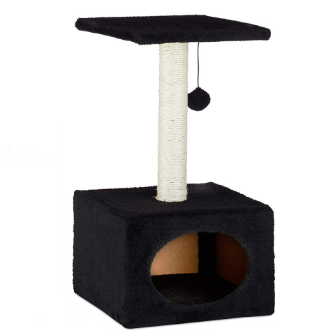 Stalp de zgariat pentru pisici, cu minge de joc si capac de plus, Negru, 31 x 31 x 56 cm