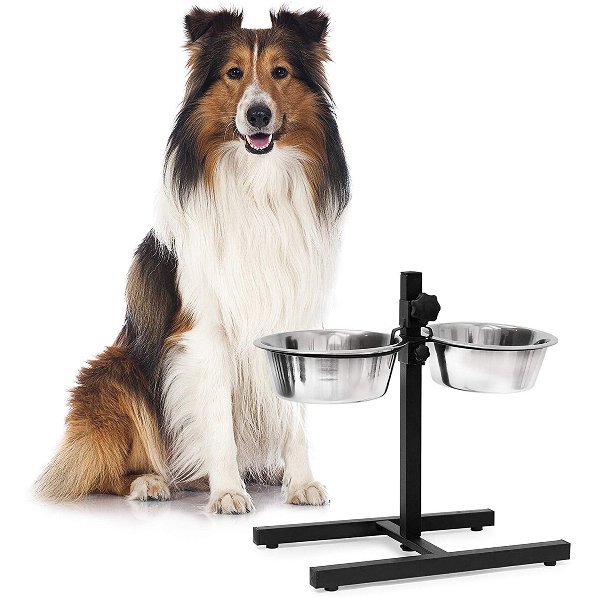Castron dublu pentru caini, Reglabil pe inaltime 42 cm, Otel, 2 x 1.55 L