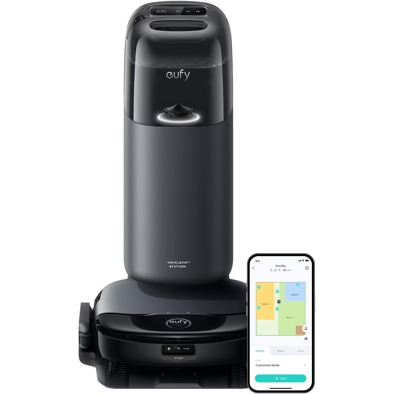 Aspirator robot eufy Omni S1, All-in-One Station, HydroJet Aspirator si Mop, 8000 Pa, Negru