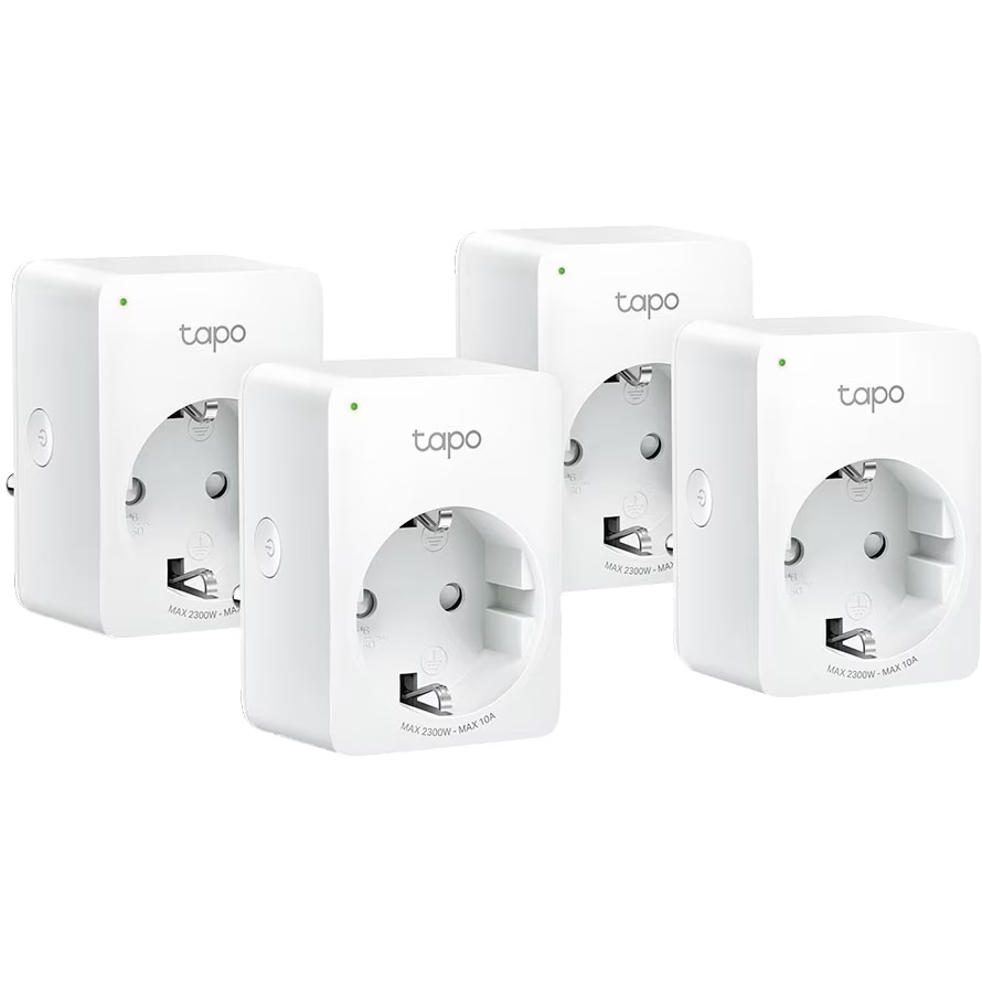Pachet 4 prize inteligente TP-Link Mini Tapo P100, Wi-Fi, control vocal, 10A, compatibil Android/iOS, Amazon Alexa si Google Assistant, 220-240V, Alb