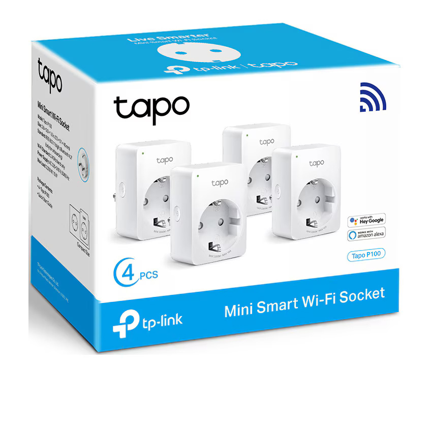 Pachet 4 prize inteligente TP-Link Mini Tapo P100, Wi-Fi, control vocal, 10A, compatibil Android/iOS, Amazon Alexa si Google Assistant, 220-240V, Alb