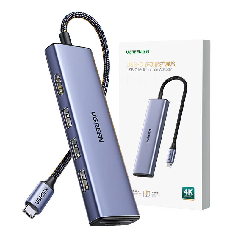 Adaptor HUB 6-in-1 UGREEN CM511, USB-C la 3x USB 3.0, 1x HDMI 2.0, 1x SD, 1x TF, 4K, 60Hz 5Gbps, 20cm, Albastru
