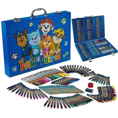 Set complet de colorat cu Paw Patrol–130 de piese, carioci, creioane cerate, stickere si accesorii, in servieta, Albastru