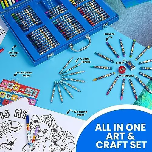 Set complet de colorat cu Paw Patrol–130 de piese, carioci, creioane cerate, stickere si accesorii, in servieta, Albastru