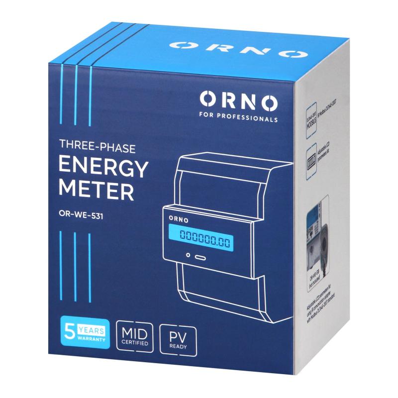 Contor trifazic ORNO OR-WE-531, 80A, certificare MID, 3 faze, 230V, frecventa de impuls 1000 imp/kWh, IP51, masoara energia reactiva si consum, port IR, resetare subcontor energie activa, alb