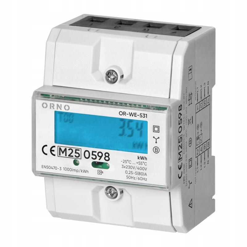 Contor trifazic ORNO OR-WE-531, 80A, certificare MID, 3 faze, 230V, frecventa de impuls 1000 imp/kWh, IP51, masoara energia reactiva si consum, port IR, resetare subcontor energie activa, alb