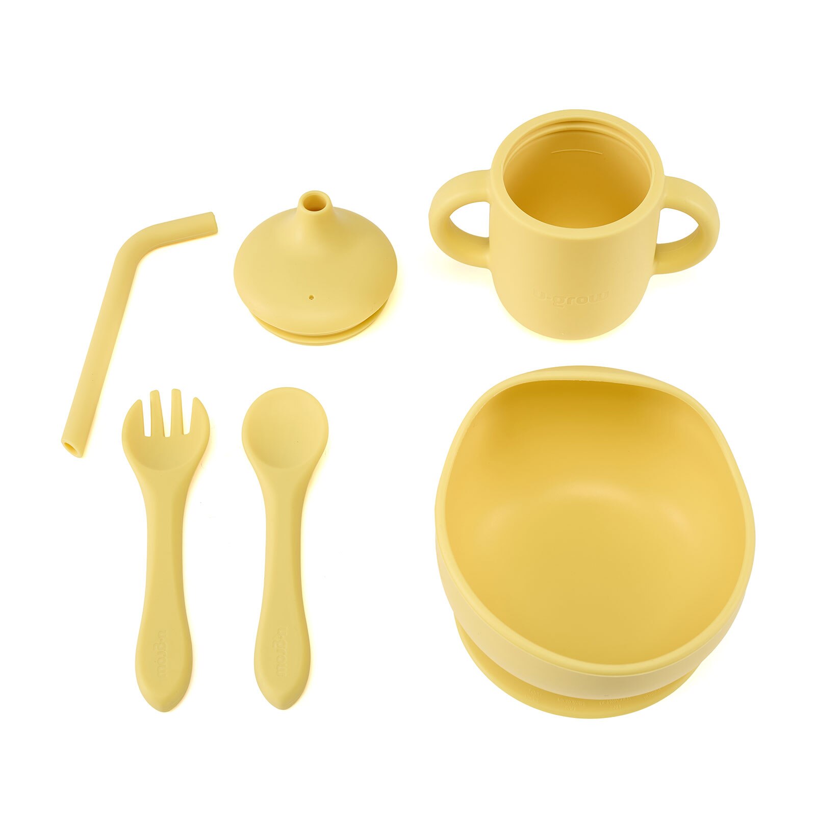 Set 4 piese diversificare din silicon: Cana cu pai, bol , lingurita si furculita, galben, U-Grow